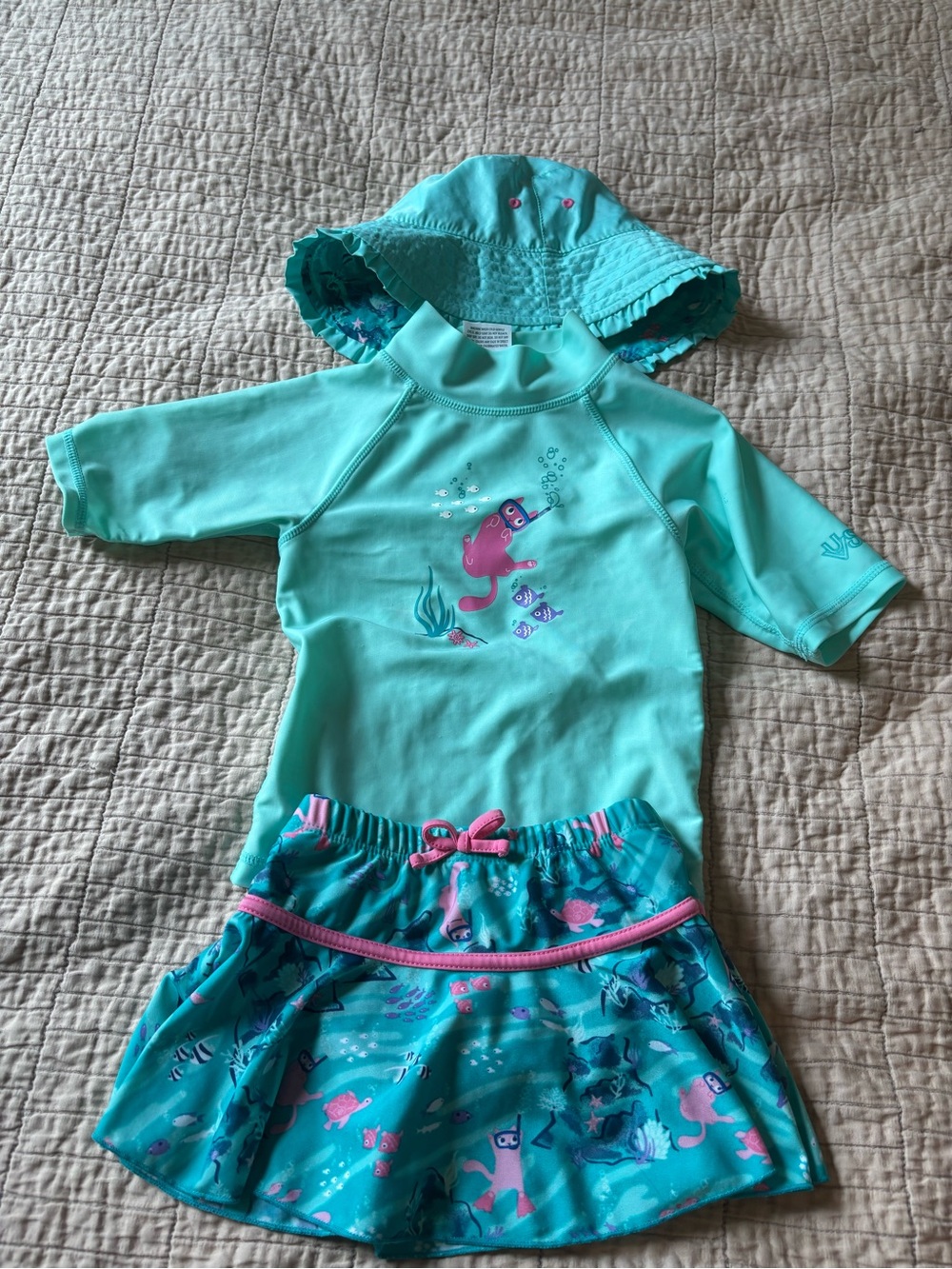 UV Skinz Kids Swim Set - Aqua Turquoise Rash Guard, Skirt & Hat